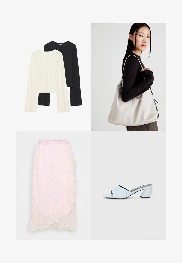 Set of two long-sleeve tops in white and black. Ribbed texture, round neck, fitted design with slightly flared sleeves.; Vero Moda Petite VMSMILLA WRAP SKIRT - Wrap skirt - pink a boo/aura; Light blue open-toe heeled mules with a geometric design, featuring a wide strap across the foot and a chunky, angular heel.; Beige handbag made of soft material, featuring a slouchy design, stitched detailing, and two shoulder straps. Suitable for everyday use.