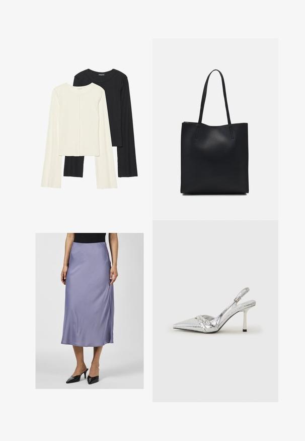 Conjunto de duas blusas de manga longa em branco e preto. Textura canelada, decote redondo, design ajustado com mangas ligeiramente evasê.; Saia midi em cetim de lavanda suave, com textura lisa, fenda lateral, usada com mules pretos de salto. Completa com uma camisa preta ajustada.; Sapato de salto alto slingback prateado com bico fino, acabamento metálico, duas correias decorativas e um salto esbelto com ponta preta.; Bolsa tote preta em couro com textura lisa, forma retangular e duas alças longas. Sem hardware ou enfeites visíveis.