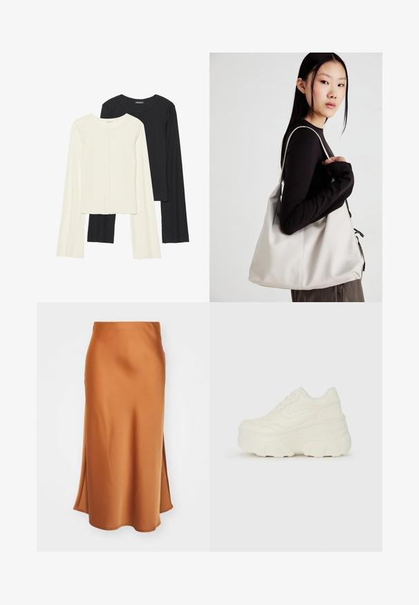 Nabor dveh dolgih rokavov v beli in črni barvi. Žameten vzorec, okrogla ovratnica, prilegajoča zasnova z rahlo razširjenimi rokavi.; Saten midi krilo v ožgano oranžni barvi z gladko teksturo, ki vključuje stranski razporek in rahlo razširjen rob za tekočo silhueto.; Bele platformske tene z belim zgornjim delom, ki spominja na usnje, okroglo obliko, oblazinjen ovratnik ter gumo z teksturo na podplatu z izrazitimi profili.; Bežna torbica iz mehkega materiala, z ohlapno zasnovo, šivi in dvema naramnicama. Primerna za vsakodnevno uporabo.