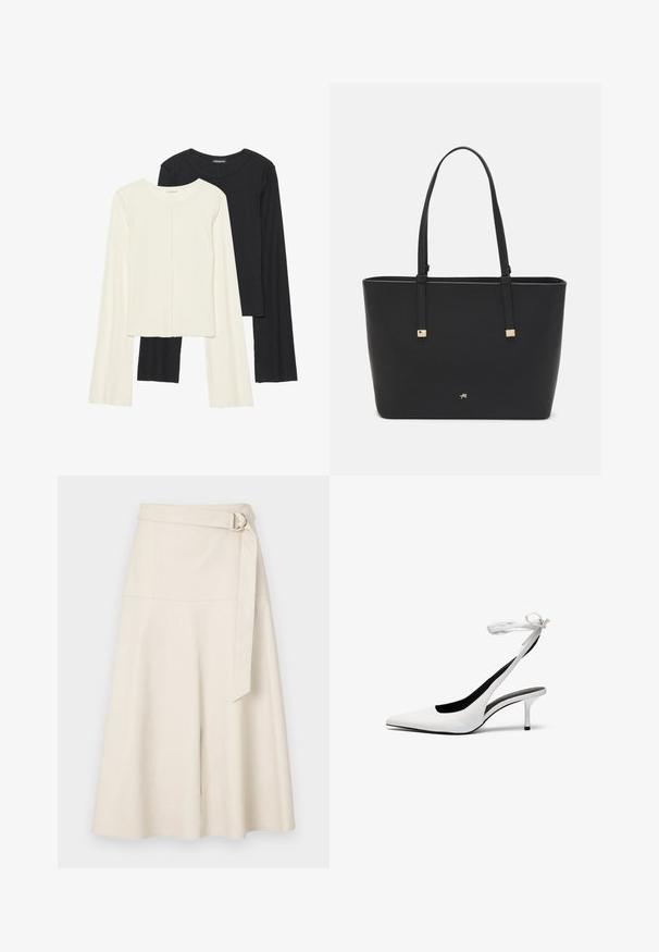 Set aus zwei Langarmoberteilen in Weiß und Schwarz. Rippstruktur, Rundhalsausschnitt, figurbetontes Design mit leicht ausgestellten Ärmeln.; Cremfarbene Kunstleder-Midirock mit breitem Bund, Gürteldetail und A-Linie-Silhouette. Glatte Textur mit genähten Nähten und minimalen Akzenten.; Weiße Slingback-Absätze mit spitzer Zehenpartie und dünnem Knöchelriemen. Glattes Leder, dünner Stiletto-Absatz und schwarze Innenauskleidung.; Schwarze Tragetasche aus synthetischem Material, mit einfachem rechteckigem Design, goldenen quadratischen Akzenten und doppelten Griffen.