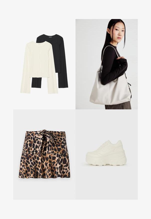 Conjunto de duas blusas de manga longa em branco e preto. Textura canelada, decote redondo, design ajustado com mangas ligeiramente evasê.; Saia mini em padrão de leopardo, feita de tecido suave, com um design evasê, cintura com laço, e manchas pretas e castanhas em contraste sobre um fundo bege.; Tênis brancos de plataforma com um cabedal suave semelhante a couro, formato arredondado, colarinho acolchoado e sola de borracha texturizada com ranhuras bem definidas.; Uma bolsa bege feita de material macio, com um design descontraído, detalhes de costura e duas alças para o ombro. Adequada para uso diário.