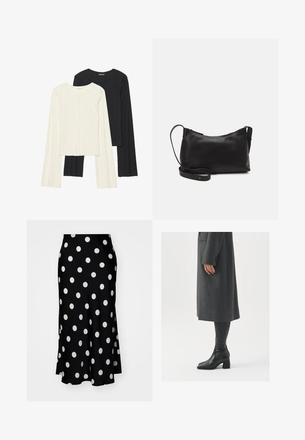 Súprava dvoch dlhých rukávov v bielej a čiernej farbe. Žebrovaná textúra, okrúhly výstrih, priliehavý strih s mierne rozšírenými rukávmi.; YAS YASPELLA MIDI - sukňa v tvare A - black/white; Sivý, strihovo upravený kabát so rovnými líniami; doplnený o čierne kožené čižmy po kolená s štvorcovou špičkou a robustným podpätkom.; Čierna kožená ramenná taška s hladkou textúrou, zakriveným tvarom, nastaviteľným popruhom a zipsom. Minimalistický dizajn bez ozdôb.