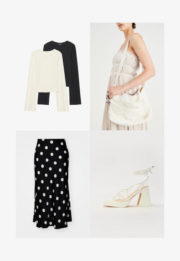 Conjunto de duas blusas de manga longa em branco e preto. Textura canelada, decote redondo, design ajustado com mangas ligeiramente evasê.; YAS YASPELLA MIDI - Saia evasé - black/white; Sandálias brancas de salto alto com um salto robusto, apresentando um design com tiras e amarração no tornozelo. Textura suave com uma plataforma na frente para altura adicional.; Bolsa de ombro em tecido branco com textura franzida, alça ajustável e acabamentos em prateado. Exposta ao lado de um vestido creme.