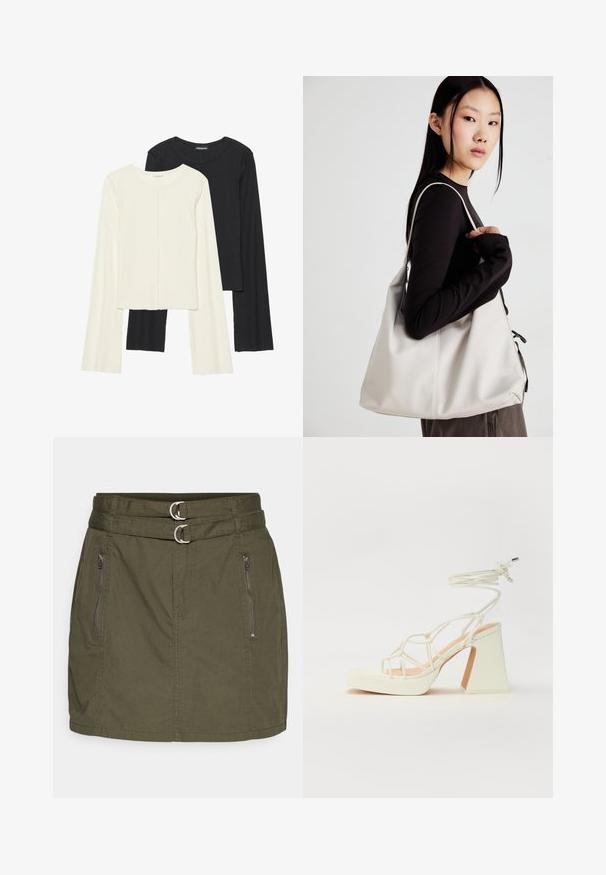 Set de două bluze cu mâneci lungi, una albă și una neagră. Textură ribbată, decolteu rotund, design ajustat cu mâneci ușor evazate.; Fustă verde măslinie cu un tiv ce include două inele argintii, două buzunare laterale cu fermoar și un design drept, ajustat.; Sandale albe cu toc înalt și gros, cu un design cu curele și legătură la gleznă. Textură netedă, cu o platformă frontală pentru înălțime suplimentară.; Geantă bej din material moale, cu un design lejer, detalii cusute și două bretele pentru umăr. Potrivită pentru utilizarea zilnică.