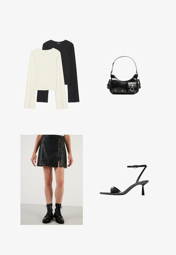 Set aus zwei Langarmoberteilen in Weiß und Schwarz. Rippstruktur, Rundhalsausschnitt, figurbetontes Design mit leicht ausgestellten Ärmeln.; Schwarzer Leder-Minirock mit einem Reißverschluss vorne und seitlichem Schlitz; glatte Textur und klare Linien mit minimalistischem Design.; Bershka High Heel Sandalette - black; Schwarze Lackleder-Handtasche mit geschwungenem Design, einem Schulterriemen, Vordertaschen und silberfarbenen Hardware-Akzenten.
