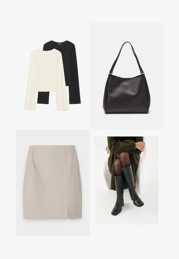 Set de două bluze cu mâneci lungi, una albă și una neagră. Textură ribbată, decolteu rotund, design ajustat cu mâneci ușor evazate.; Fustă creion bej cu o textură în dungi, croi drept și o fanta laterală pentru un plus de libertate de mișcare. Construită dintr-un material ușor.; Cizme din piele neagră, până la genunchi, cu vârf pătrat și toc bloc, prezentate pe un model așezat într-o haină verde măsline. Textură netedă, detalii minime.; Geantă de mână din piele sintetică neagră, cu o textură moale, formă hobo și două bretele pentru umăr; prezintă un finisaj lucios și un design minimalist.