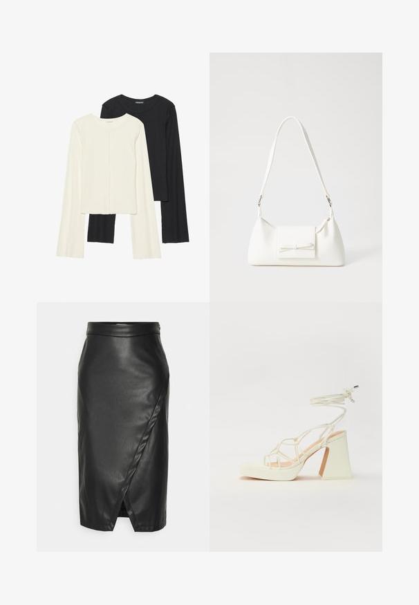 Conjunto de duas blusas de manga longa em branco e preto. Textura canelada, decote redondo, design ajustado com mangas ligeiramente evasê.; VILA VITRYA MEDI COATED - Saia envelope - black; Sandálias brancas de salto alto com um salto robusto, apresentando um design com tiras e amarração no tornozelo. Textura suave com uma plataforma na frente para altura adicional.; Mala sintética branca com formato triangular, aba frontal plana e detalhe de laço, alça ajustável, textura suave e design minimalista.