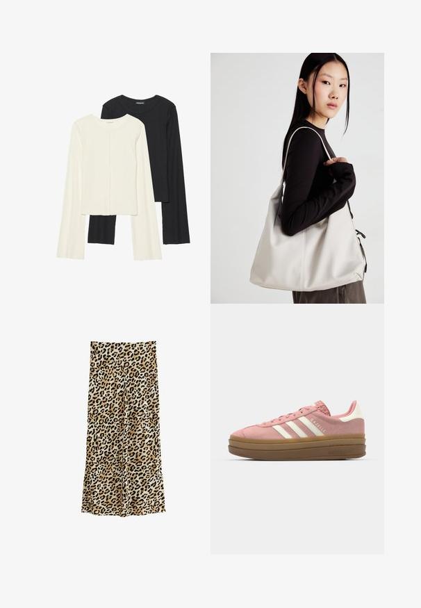 Set van twee longsleeve tops in wit en zwart. Geribbelde textuur, ronde hals, aansluitend ontwerp met licht uitlopende mouwen.; Luipaardprint wijde broek in een zachte stof, met een verscheidenheid aan zwarte vlekken op een beige achtergrond voor een gedurfd ontwerp.; adidas Originals GAZELLE BOLD - Sneakers laag - mauve/off white; Beige handtas gemaakt van zacht materiaal, met een slonzig ontwerp, gestikte details en twee schouderbanden. Geschikt voor dagelijks gebruik.