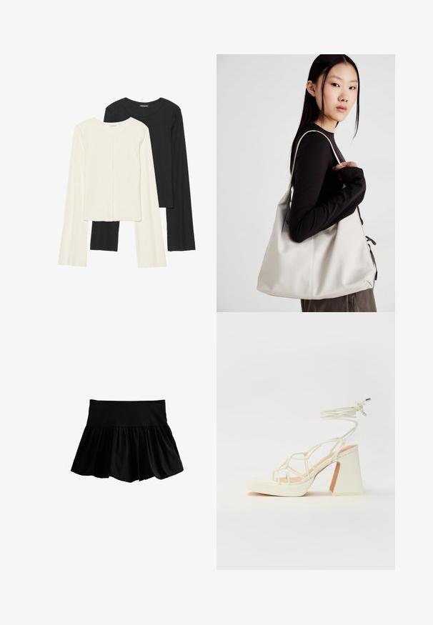Set van twee longsleeve tops in wit en zwart. Geribbelde textuur, ronde hals, aansluitend ontwerp met licht uitlopende mouwen.; Zwarte uitlopende rok met een brede elastische tailleband, voorzien van een gladde textuur en geplooide stof voor extra volume aan de zoom.; Witte hoge hakken sandaal met een chunky hak, met een bandjesontwerp en enkelband. Gladde textuur met een plateau voor extra hoogte.; Beige handtas gemaakt van zacht materiaal, met een slonzig ontwerp, gestikte details en twee schouderbanden. Geschikt voor dagelijks gebruik.