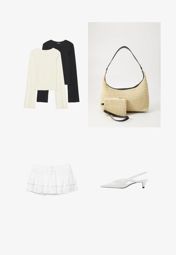 Set di due maglie a maniche lunghe, bianche e nere. Texture a coste, scollo tondo, design aderente con maniche leggermente svasate.; Gonna bianca a strati con tre volants, vita elastica e dettaglio con cordoncino. Realizzata in tessuto leggero e testurizzato.; Décolleté bianco con punta affilata, caratterizzato da una tomaia liscia, sottili aperture e un tacco a blocco basso. La suola nera esalta il design.; Borsa in paglia intrecciata con silhouette curva, dotata di una tracolla in pelle nera liscia e di una piccola pochette abbinata, attaccata da un cinturino da polso.