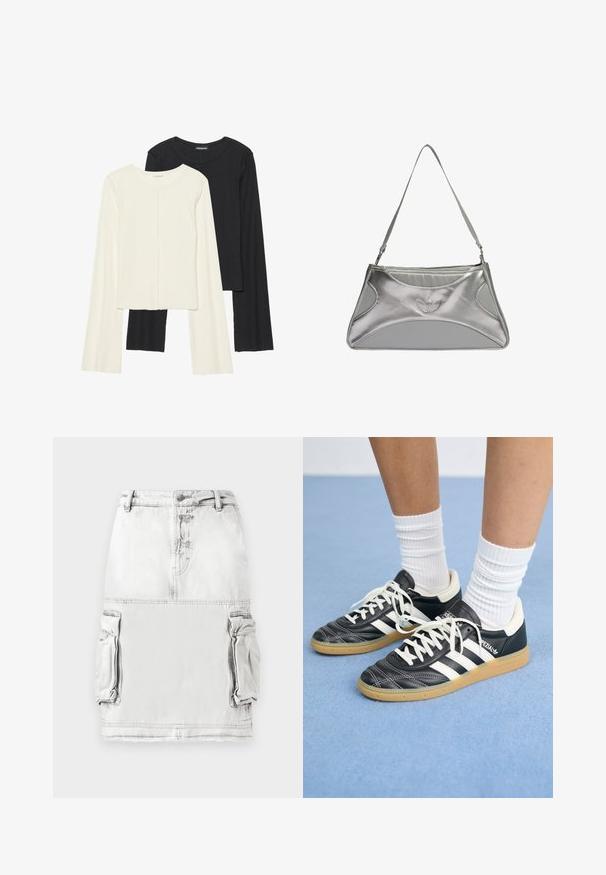 Ensemble de deux hauts à manches longues en blanc et noir. Texture côtelée, col rond, design ajusté avec des manches légèrement évasées.; Jupe en denim gris clair avec une taille haute, des boutons à l'avant et deux poches cargo sur les côtés. Texture de tissu légèrement déchirée.; Sneakers en cuir noir avec des rayures blanches, bout rond, lacets blancs et semelle en caoutchouc beige. Accentué par un col rembourré et des détails de marque.; Sac à main en métal argenté avec un design structuré et élégant, présentant un corps texturé, une bandoulière et un accent avec un logo en relief.