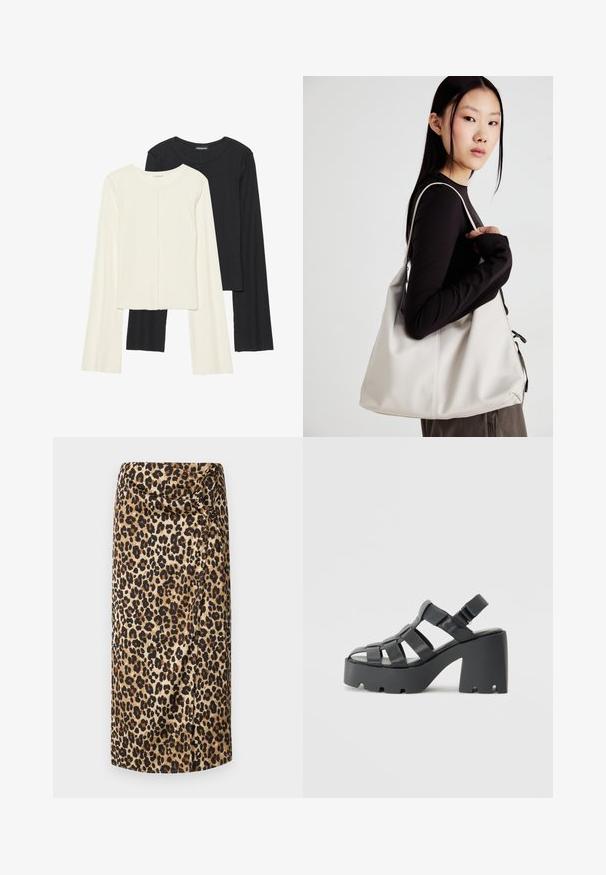 Két darabból álló hosszú ujjú felsők szettje fehér és fekete színben. Bordás textúra, kerek nyakkivágás, testhez simuló fazon, enyhén bővülő ujjakkal.; Leopárdmintás midi szoknya, selymes textúrával, semleges bézs alapszín fekete és barna foltokkal, drapírozott kialakítással, csavart részlettel a deréknál.; Fekete platform szandálok vastag sarokkal, széles pántokkal, nyitott orral, állítható bokapánttal és textúrált talppal.; Puha anyagból készült bézs kézitáska, laza dizájnnal, varrott részletekkel és két vállpánttal. Mindennapi használatra alkalmas.