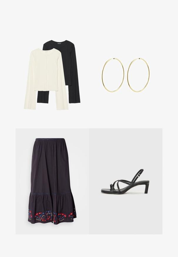 Sæt med to langærmede toppe i hvid og sort. Ribbet tekstur, rund halsudskæring, tætsiddende design med let udvidede ærmer.; Mørkegrå bomuldsnederdel med lagdelt design og broderede blomsteraccenter i rødt, blåt og gult ved kanten. Elastisk talje.; Sort remsandale med firkantet tå og en lav blokeret hæl. Har flere tynde stropper og en justerbar ankelrem. Fremstillet af glat læder.; Guldøreringe med et glat, rundet design. Tynde og lette, med en kontinuert løkke uden udsmykninger.