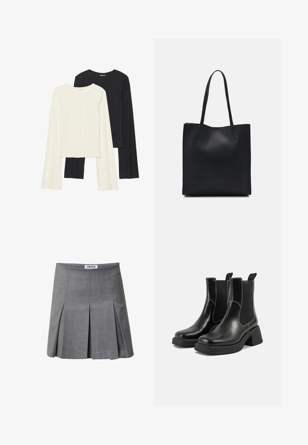 Set van twee longsleeve tops in wit en zwart. Geribbelde textuur, ronde hals, aansluitend ontwerp met licht uitlopende mouwen.; Grijze geplooide rok van textuurstof. Kenmerkt zich door een rechte snit, subtiele glans en een label aan de taille. Ontworpen voor een getailleerde silhouet.; Zwarte leren Chelsea-boots met een chunky hak, elastische zijpanelen en contrasterende witte stiksels. Gestructureerde afwerking.; Zwarte leren handtas met een gladde textuur, rechthoekige vorm en twee lange handvaten. Geen zichtbare hardware of versieringen.