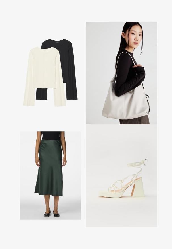 Sett med to langermede topper i hvit og svart. Ribbete tekstur, rund hals, tettsittende design med lett utsvingte ermer.; Satin grønn midikjole med glatt tekstur, lett utsvingt kant og en side-splitt, paret med svarte flate sko.; Hvit høyhælte sandal med kraftig hæl, med en stroppe-design og ankelbånd. Glatt tekstur med plattform foran for ekstra høyde.; Beige håndveske laget av mykt materiale, med en slapp design, sydd detaljer og to skulderstropper. Passer for daglig bruk.