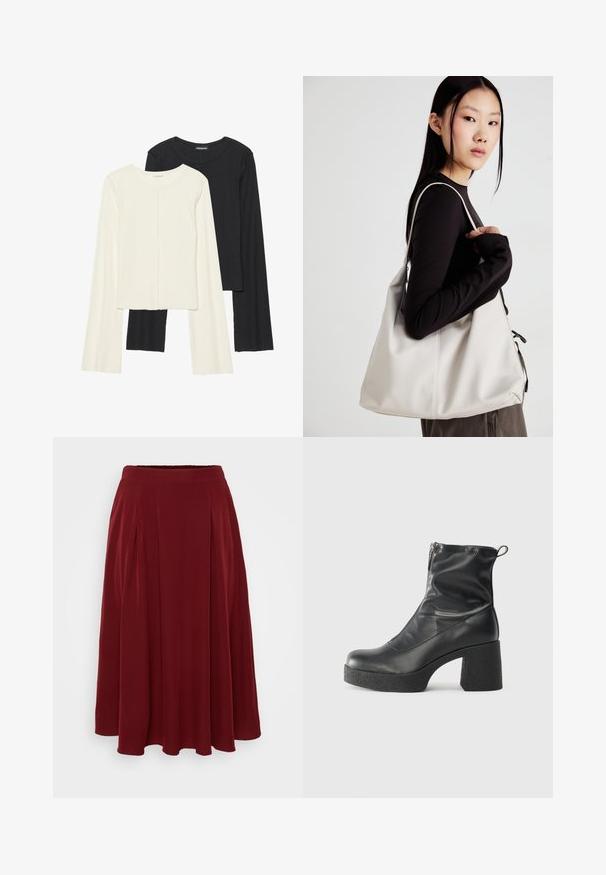 Set de două bluze cu mâneci lungi, una albă și una neagră. Textură ribbată, decolteu rotund, design ajustat cu mâneci ușor evazate.; Fustă midi pliată în nuanță de roșu închis, cu o textură netedă, talie elastică și o formă fluidă, având drapaje subtile pentru un plus de detaliu.; Bocanci negri de glezna din piele netedă, cu fermoar lateral, toc texturat și masiv, și design cu vârf rotund.; Geantă bej din material moale, cu un design lejer, detalii cusute și două bretele pentru umăr. Potrivită pentru utilizarea zilnică.