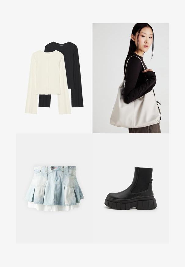 Set aus zwei Langarmoberteilen in Weiß und Schwarz. Rippstruktur, Rundhalsausschnitt, figurbetontes Design mit leicht ausgestellten Ärmeln.; BDG Urban Outfitters RUBY RARA - Jeansrock - bleach denim; Schwarze Knöchelstiefel aus glattem Leder mit elastischen Seitenpaneelen, einer klobigen Plateausohle und einem strukturierten Profilmuster.; Beige Handtasche aus weichem Material, mit einem lässigen Design, gesteppten Details und zwei Schulterriemen. Geeignet für den täglichen Gebrauch.