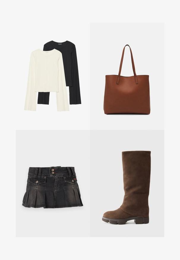 Σέτ δύο μακρυμάνικων μπλουζών σε λευκό και μαύρο. Ριπ υφή, στρογγυλή λαιμόκοψη, εφαρμοστή γραμμή με ελαφρώς φαρδιές μανίκες.; Δερμάτινη φούστα, σκούρο γκρι με πτυχώσεις, κλείσιμο με πέντε κουμπιά και δύο μπροστινές τσέπες. Περιέχει κόκκινες ραφές και ελαφριά φθορά στο ύφασμα.; Καφέ σουέτ μπότες μέχρι το γόνατο με στρογγυλή μύτη, παχύ τακούνι και μαλακή, ελαφρώς τσαλακωμένη υφή. Χωρίς ορατά υλικά ή σχέδια.; Καφέ δερμάτινη τσάντα tote με λεία υφή, ανοιχτό σχέδιο και δύο λουριά ώμου. Διαθέτει ελάχιστη ραφή και χωρίς ορατά μεταλλικά εξαρτήματα.