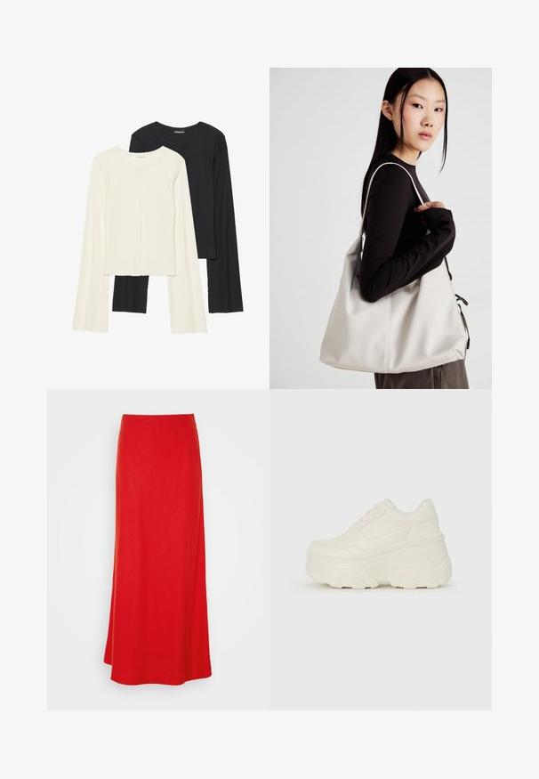 Divu garo piedurkņu tops komplekts baltā un melnā krāsā. Ribota tekstūra, apaļš kakls, pieguļoša dizaina ar nedaudz izplestām piedurknēm.; Sarkana maksi svārki ar gludu tekstūru, augstu jostasvietu un plūstošu siluetu. Ar fona krāsu bez rakstiem vai rotājumiem.; Baltie platformas sporta apavi, kas izgatavoti no gludas mākslīgās ādas, ar noapaļotu formu, mīkstu apkakli un teksturētu gumijas zoli ar izteiktiem rakstiem.; Bežs rokassoma, izgatavota no mīksta materiāla, ar brīvu dizainu, izšūtu apdari un divām plecu siksnām. Piemērota ikdienas lietošanai.