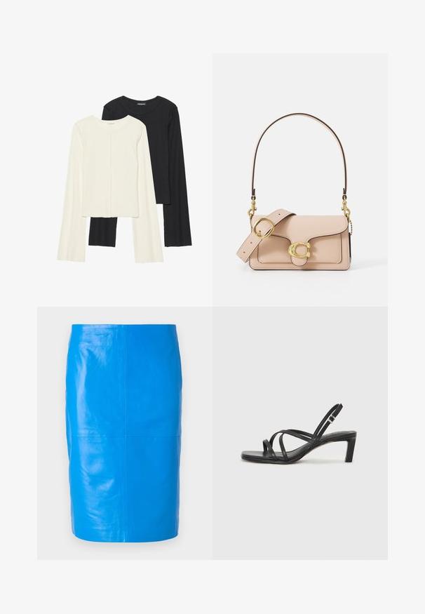 Set aus zwei Langarmoberteilen in Weiß und Schwarz. Rippstruktur, Rundhalsausschnitt, figurbetontes Design mit leicht ausgestellten Ärmeln.; 2nd Day JAYAN - Lederrock - skydiver; Schwarze Sandale mit Riemchen, quadratischer Zehenform und niedrigem Blockabsatz. Verfügt über mehrere dünne Riemen und einen verstellbaren Knöchelriemen. Hergestellt aus glattem Leder.; Hellrosa Lederhandtasche mit einer geschwungenen Klappe, goldenen Beschlägen und einem abnehmbaren Tragegurt mit Kettenakzent. Glatte Oberfläche und präzise Naht.; Silberne Creolen mit einem glatten, runden Design und einer polierten Oberfläche. Sie sind dünn und leicht und verfügen über einen einfachen Verschluss.