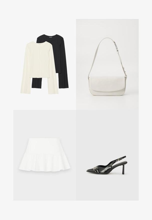 Set de două bluze cu mâneci lungi, una albă și una neagră. Textură ribbată, decolteu rotund, design ajustat cu mâneci ușor evazate.; Fustă albă în evazé cu un tiv volanat, textură netedă și talie elastică. Materialul pare ușor și respirabil.; Pantofii slingback din piele lăcuită neagră, cu vârf ascuțit, bretele pentru gleznă cu catarame și accesorii din argint, și un toc subțire.; Geantă de umăr din piele albă, cu o finisare netedă, formă rectangulară, închidere cu clapetă și curea ajustabilă. Detaliu simplu de cusătură.