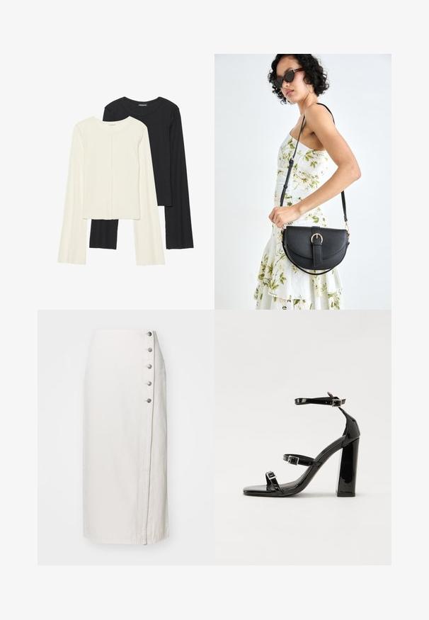 Divu garo piedurkņu tops komplekts baltā un melnā krāsā. Ribota tekstūra, apaļš kakls, pieguļoša dizaina ar nedaudz izplestām piedurknēm.; Balta džinsa midi svārki ar sānu pogu aizdari, pieci metāla pogas un taisna silueta. Gluda tekstūra, ikdienišķs dizains.; Melni lakoti augstpapēžu sandales ar divām sprādzēm, kvadrātveida purngalu un masīvu papēdi, ar gludu, spīdīgu virsmu.; Melnas ādas rokassoma ar izliekta formu, noņemamu siksnu un zelta aksesuāriem. Somai ir vāciņš ar sprādzes detaļu.