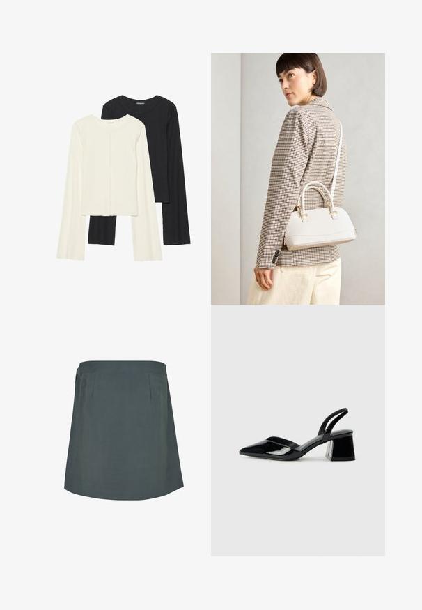 Souprava dvou dlouhých rukávů v bílé a černé barvě. Hladká textura, kulatý výstřih, upnutý střih s mírně rozšířenými rukávy.; Tmavě zelená sukně ke kolenům s hladkým povrchem, která má plochý pas a jemné sklady vpředu. Jednoduchý, funkční design.; Černé lakované kožené lodičky na pásku s špičatou špičkou a geometrickým blokovým podpatkem. Vyznačují se elegantním, minimalistickým designem a hladkým povrchem.; Bílá strukturovaná kabelka s krátkými uchy a ramenním popruhem, zdobená zlatými kovovými prvky a texturovaným materiálem, vystavená na šedém pozadí.