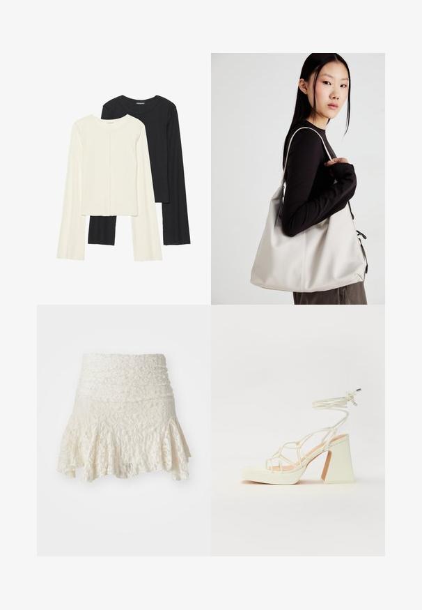 Kaksik Eri pikkusega valge ja musta värvi pikkade varrukatega topsi. Ribikstruktuur, ümar kaelus, lihav disain, veidi laienevate varrukatega.; Kreemivärvi pitsseelik, millel on sobiv talje ja laienev lõhik. Kohevad lillemustrid kogu seeliku ulatuses, alumises osas kihiline disain.; Valged kõrge kontsaga sandaalid, millel on paks konts ja rihmadega disain koos pahkluu sidumisega. Sile tekstuur ja platvorm ees, et lisada kõrgust.; Bež käekott pehme materjali, millel on lõtv disain, õmblustega detailid ja kaks õlarihma. Sobib igapäevaseks kasutamiseks.