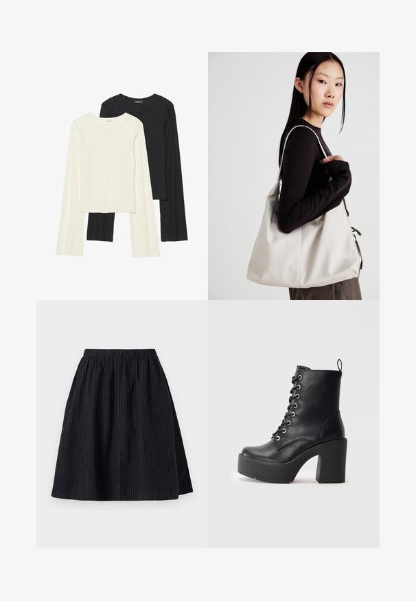 Set of two long-sleeve tops in white and black. Ribbed texture, round neck, fitted design with slightly flared sleeves.; Black knee-length skirt with an elastic waistband, featuring a subtle grid pattern and a smooth texture. It has a flowy design.; Black leather ankle boot with a chunky block heel, lace-up front, and textured surface. Features a tab on the back for easy wear.; Beige handbag made of soft material, featuring a slouchy design, stitched detailing, and two shoulder straps. Suitable for everyday use.