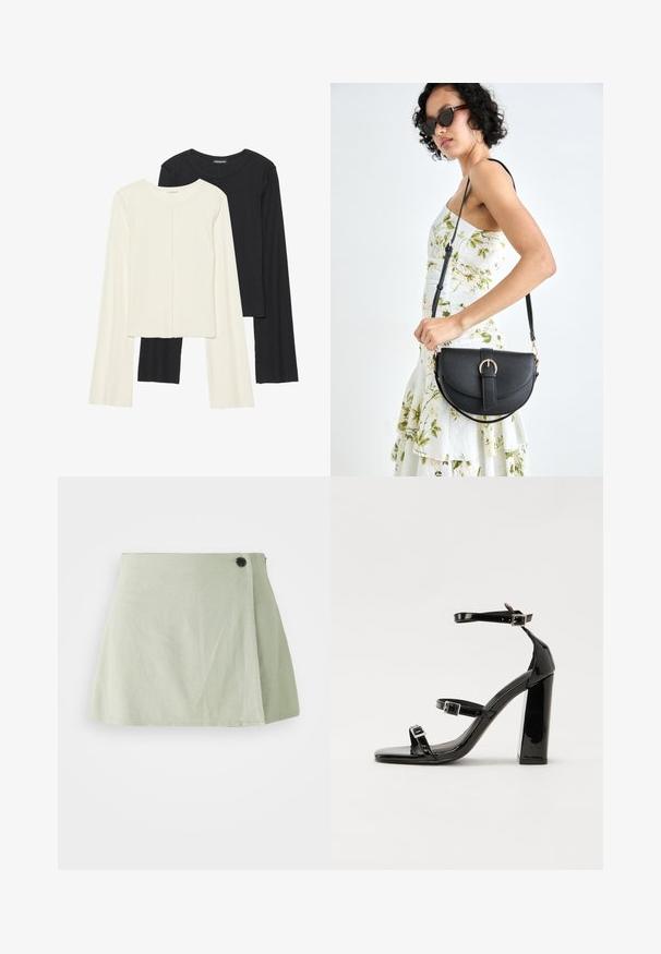 Ensemble de deux hauts à manches longues en blanc et noir. Texture côtelée, col rond, design ajusté avec des manches légèrement évasées.; Jupe vert clair à coupe décontractée, dotée d'une fermeture à bouton sur le côté et d'une texture lisse. L'ourlet est légèrement incurvé, améliorant la silhouette.; Sandales à talons hauts en cuir verni noir avec deux brides à boucles, bout carré et talon bloc épais, présentant une texture lisse et brillante.; Sac à main en cuir noir avec une forme courbée, bandoulière amovible et des accessoires en or. Le sac est doté d'un rabat avec un détail de boucle.