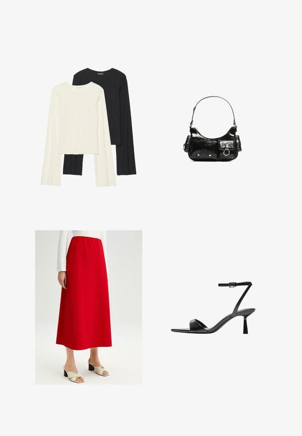 Sæt med to langærmede toppe i hvid og sort. Ribbet tekstur, rund halsudskæring, tætsiddende design med let udvidede ærmer.; Rød A-line nederdel lavet af glat stof med elastisk talje. Kombinationen med cremefarvede slip-on sko med en knyttet detalje.; Bershka Højhælede sandaletter / Højhælede sandaler - black; Sort patenteret læder håndtaske med en buet form, en skulderrem, frontlommer og hardware accenter i sølvfarve.