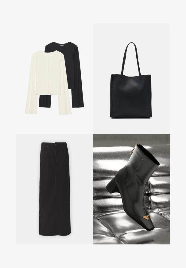 Set de două bluze cu mâneci lungi, una albă și una neagră. Textură ribbată, decolteu rotund, design ajustat cu mâneci ușor evazate.; Fustă maxi din denim negru, cu croială dreaptă, buzunare frontale, găici pentru curea și închidere cu un singur buton la talie. Textură de țesătură netedă.; Botină din piele neagră, cu vârf pătrat, accent triunghiular auriu și toc de înălțime medie. Textură netedă pe un fundal strălucitor argintiu.; Geantă tote neagră din piele, cu textură netedă, formă rectangulară și două mânere lungi. Fără hardware vizibil sau ornamente.