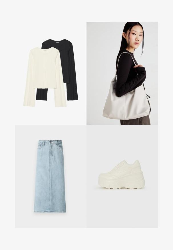 Két darabból álló hosszú ujjú felsők szettje fehér és fekete színben. Bordás textúra, kerek nyakkivágás, testhez simuló fazon, enyhén bővülő ujjakkal.; Világoskék farmer midi szoknya egyenes szabással, elülső zsebekkel és klasszikus derekú bőrgombos záródással. Simma, enyhén kopott textúra.; Fehér platform sportcipők, sima bőrszerű felsőrésszel, kerek formával, párnázott bokával és texturált gumitalppal, jól definiált mintázattal.; Puha anyagból készült bézs kézitáska, laza dizájnnal, varrott részletekkel és két vállpánttal. Mindennapi használatra alkalmas.