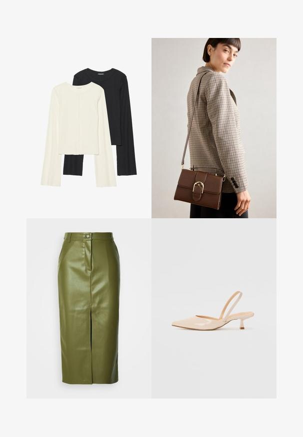 Nabor dveh dolgih rokavov v beli in črni barvi. Žameten vzorec, okrogla ovratnica, prilegajoča zasnova z rahlo razširjenimi rokavi.; Zelena midi krila iz umetne kože z razporkom spredaj, z zapiranjem na gumb in subtilnim sijajem, zasnovana z oprijetim krojem.; Bež čevlji na peto iz patentiranega usnja, s koničastim nosom in ozko kvadratno peto. Gladka tekstura in minimalističen dizajn brez okrasja.; Brašna za čez rame iz rjavega usnja z zlato sponko, pravokotne oblike, gladke teksture ter z odstranljivo naramnico.; Set petih zlatih uhans, ki vključuje različne modele: zvite, žlebaste in gladke površine v obliki obroča in polmeseca.