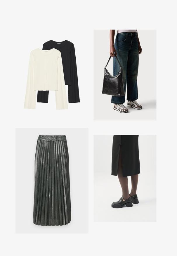 Ensemble de deux hauts à manches longues en blanc et noir. Texture côtelée, col rond, design ajusté avec des manches légèrement évasées.; Jupe plissée vert métallique avec une taille élastique. Présente des plis verticaux étroits et un design mi-long, créant une silhouette structurée.; Chaussures noires en cuir avec un bout arrondi, un épais talon bloc et des accents latéraux élastiques, associées à des bas foncés et une jupe noire avec une fente.; Sac à bandoulière en cuir noir avec une texture lisse et une bandoulière réglable, associé à un jean ample décoloré et des baskets de sport.