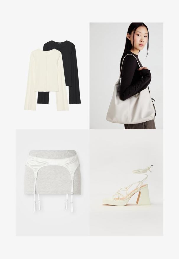 Set of two long-sleeve tops in white and black. Ribbed texture, round neck, fitted design with slightly flared sleeves.; Grey cotton fabric garment with a satin white waistband and four adjustable ribbons for garter purpose. Smooth texture, fitted design.; White high-heeled sandal with a chunky heel, featuring a strappy design and ankle tie. Smooth texture with a platform front for added height.; Beige handbag made of soft material, featuring a slouchy design, stitched detailing, and two shoulder straps. Suitable for everyday use.