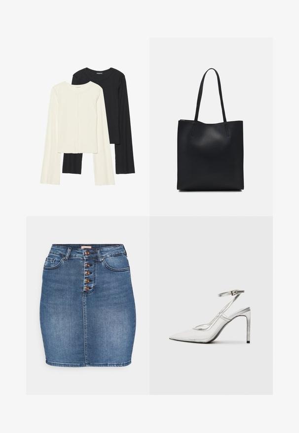 Dviejų ilgomis rankovėmis marškinėlių rinkinys, baltas ir juodas. Raukšlėta tekstūra, apvalus kaklas, prigludusi forma su šiek tiek platėjančiomis rankovėmis.; Vidutinio mėlynumo džinsinė sijonas su figūrą apimančiu siluetu. Su penkių mygtukų priekinio uždarymo, dviem priekinėmis kišenėmis ir siuvinėtu kraštu.; Aiškūs stiletto kulniukai su smailiu padu, skaidria medžiaga, metaliniais sidabriniais akcentais ir reguliuojama kulkšnies juosta.; Juodas odinis tote krepšys su lygia tekstūra, stačiakampio formos ir dviem ilgais rankenomis. Matomų metalinių detalių ar puošybos nėra.