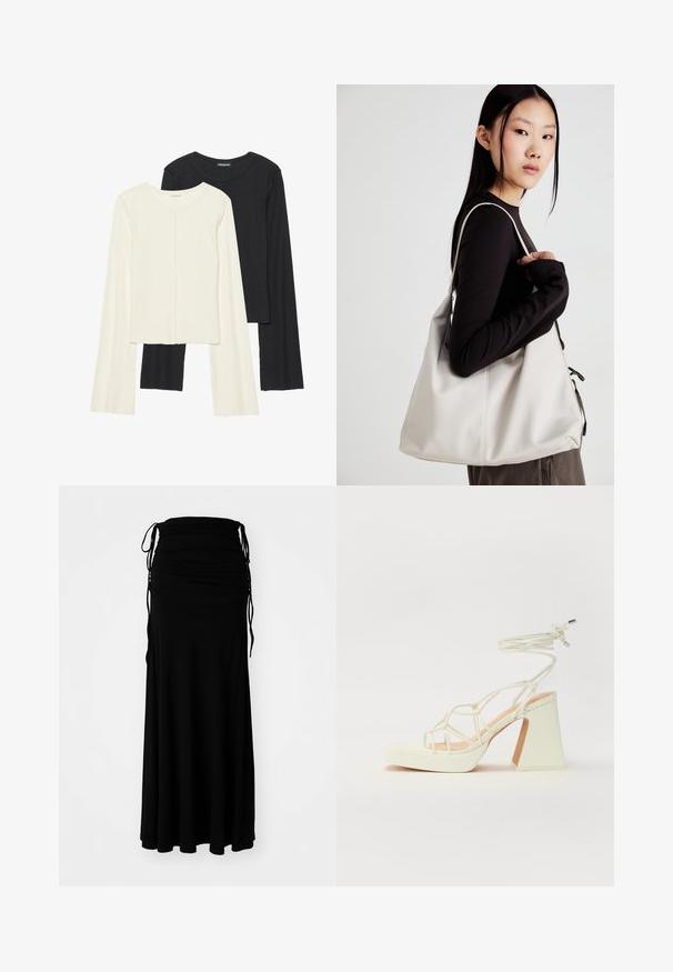 Conjunto de dos camisetas de manga larga en blanco y negro. Textura acanalada, cuello redondo, diseño ajustado con mangas ligeramente acampanadas.; Vestido negro hasta el tobillo hecho de una tela suave y elástica, con un corsé fruncido y lazos ajustables a los lados, creando una silueta fluida.; Sandalia de tacón alto blanca con un tacón grueso, que presenta un diseño de tiras y un lazo en el tobillo. Textura suave con una plataforma en la parte delantera para mayor altura.; Bolso de mano beige hecho de material suave, con un diseño holgado, detalles cosidos y dos asas. Adecuado para uso diario.