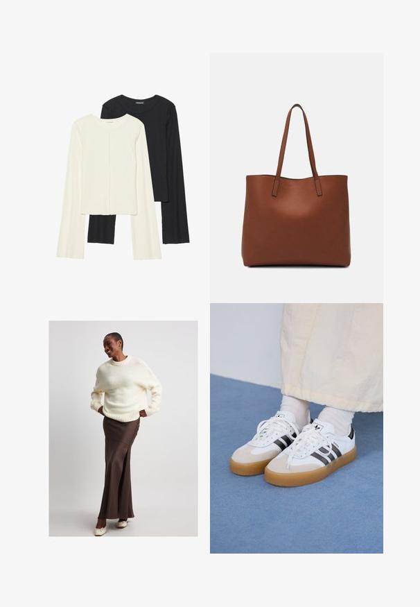 Kaksik Eri pikkusega valge ja musta värvi pikkade varrukatega topsi. Ribikstruktuur, ümar kaelus, lihav disain, veidi laienevate varrukatega.; NA-KD Maksiseelik - brown; Valged tossud mustade triipudega ja beeži nahaga aktsentidega. Omavad tekstuuriga kummist talla ja lamedaid valgeid paelu, kantud heledate sokkidega.; Pruun nahast tote-kott, millel on sile tekstuur, avatud ülaosa disain ja kaks õlarihma. Omab minimaalset õmblust ja nähtavat riistvara ei ole.