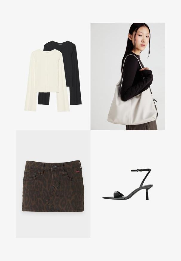Két darabból álló hosszú ujjú felsők szettje fehér és fekete színben. Bordás textúra, kerek nyakkivágás, testhez simuló fazon, enyhén bővülő ujjakkal.; Rövid, sötétbarna farmer szoknya leopárdmintával, gombos záródással, övbújtatókkal és elülső zsebekkel. Piros logó akcentussal.; Bershka Magas sarkú szandálok - black; Puha anyagból készült bézs kézitáska, laza dizájnnal, varrott részletekkel és két vállpánttal. Mindennapi használatra alkalmas.