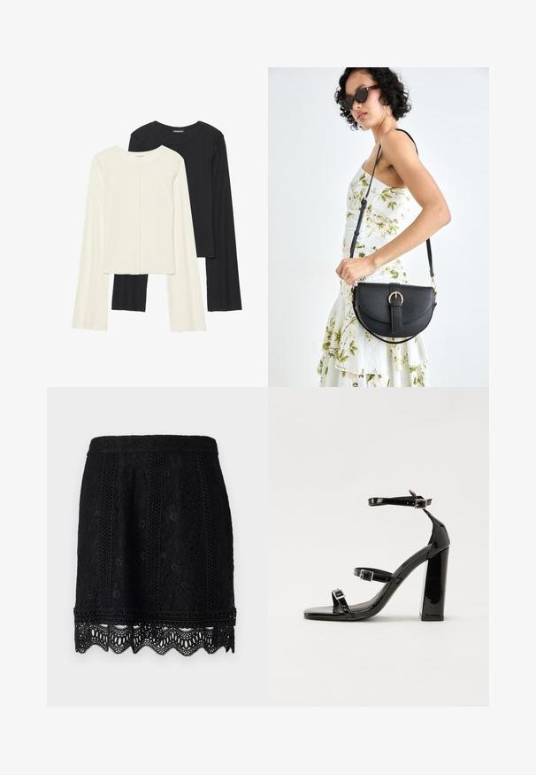 Sett med to langermede topper i hvit og svart. Ribbete tekstur, rund hals, tettsittende design med lett utsvingte ermer.; Svart blonde miniskjørt med intrikate blomsterdesign, bølget kant og en strukturert overflate for ekstra detaljer. Inkludert elastisk midje.; Svarte høyhælte sandaler i lakk med to spennestraps, firkantet tå og en tykk blokkhæl, med en glatt, blank tekstur.; Svart lærveske med en buet form, avtagbar stropp og gullbeslag. Vesken har et klaff med spenne-detall.
