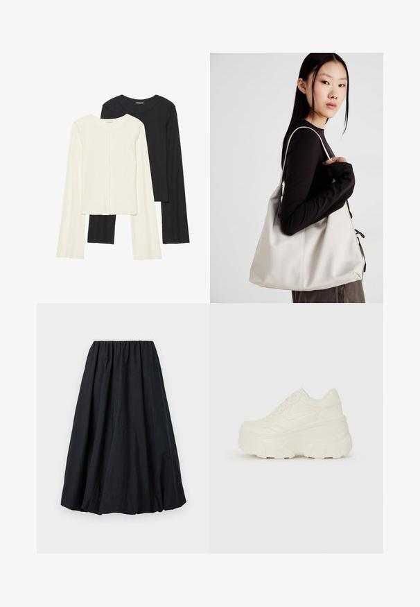 Set of two long-sleeve tops in white and black. Ribbed texture, round neck, fitted design with slightly flared sleeves.; Black elastic-waist skirt, knee-length, made of textured fabric, featuring a full silhouette with subtle draping.; White platform sneakers featuring a smooth leather-like upper, rounded shape, padded collar, and textured rubber sole with defined treads.; Beige handbag made of soft material, featuring a slouchy design, stitched detailing, and two shoulder straps. Suitable for everyday use.