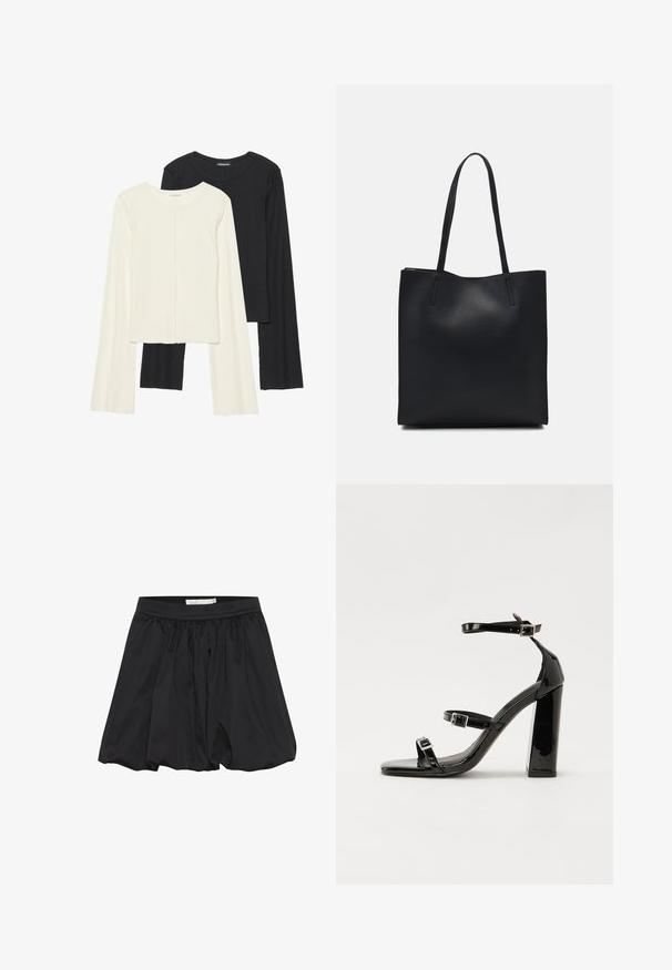 Set di due maglie a maniche lunghe, bianche e nere. Texture a coste, scollo tondo, design aderente con maniche leggermente svasate.; Gonna nera con tessuto arricciato e vita elastica, caratterizzata da una texture liscia e da una forma rilassata e svasata.; Sandali con tacco alto in vernice nera con due cinturini con fibbia, punta quadrata e tacco spesso a blocco, caratterizzati da una texture liscia e lucida.; Borsa tote in pelle nera con texture liscia, forma rettangolare e due manici lunghi. Nessun hardware o decorazione visibile.