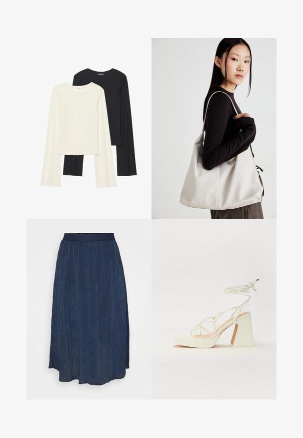 Ensemble de deux hauts à manches longues en blanc et noir. Texture côtelée, col rond, design ajusté avec des manches légèrement évasées.; Jupe plissée bleu marine avec une taille ornée de bords festonnés. Fabriquée en tissu léger, la jupe possède un design fluide et une texture douce.; Sandale blanche à talons hauts avec un talon épais, présentant un design à lanières et un lien autour de la cheville. Texture lisse avec une plateforme à l'avant pour une hauteur supplémentaire.; Sac à main beige en matériau souple, avec un design décontracté, des détails cousus et deux poignées. Idéal pour un usage quotidien.