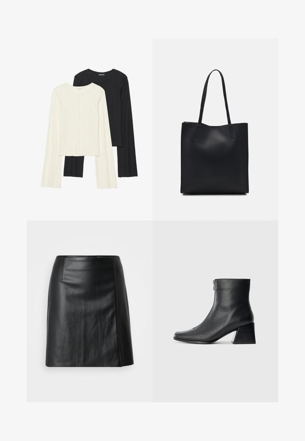 Set de două bluze cu mâneci lungi, una albă și una neagră. Textură ribbată, decolteu rotund, design ajustat cu mâneci ușor evazate.; Fustă din piele neagră, design în formă de A, textură netedă, cu o fanta laterală. Prezintă cusături subtile de-a lungul cusăturilor pentru un plus de detaliu.; Botină neagră din piele, cu vârf pătrat, fermoar pe lateral și toc bloc, pe un fundal simplu deschis.; Geantă tote neagră din piele, cu textură netedă, formă rectangulară și două mânere lungi. Fără hardware vizibil sau ornamente.