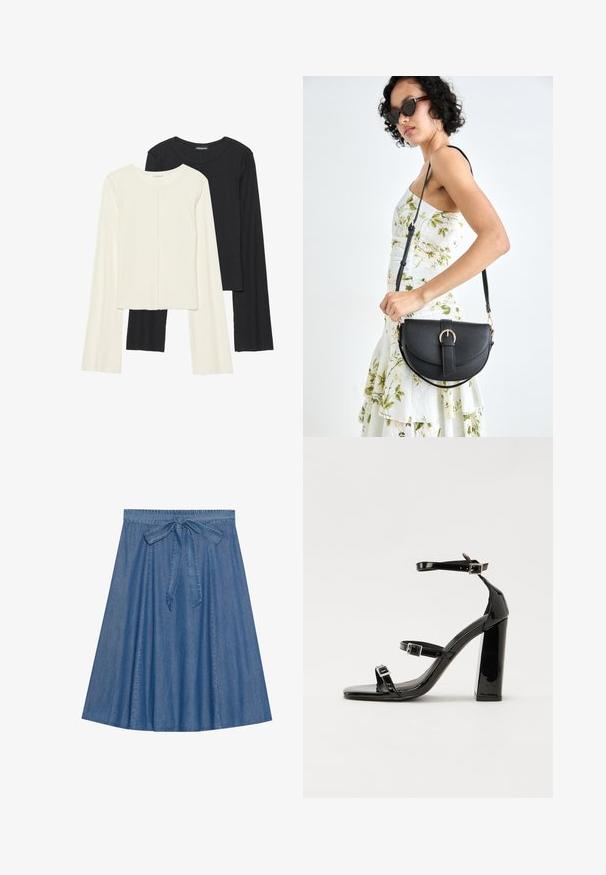 Kaksik Eri pikkusega valge ja musta värvi pikkade varrukatega topsi. Ribikstruktuur, ümar kaelus, lihav disain, veidi laienevate varrukatega.; Keskmise sinise tooni teksaseelik. Omab kogutud vööd sidumisdetailiga. A-lõikega, sile tekstuur ja põlvepikkune disain.; Mustad läikiva lakknahaga kõrge kontsaga sandaalid kahe pandlaga, kandilised varbad ja jäme plokk-kontsaosa, millel on sile ja läikiv tekstuur.; Mustmust mustraha kõverate joontega, eemaldatava rihmaga ja kuldsete detailidega. Kotil on klapp, millel on pandladetail.