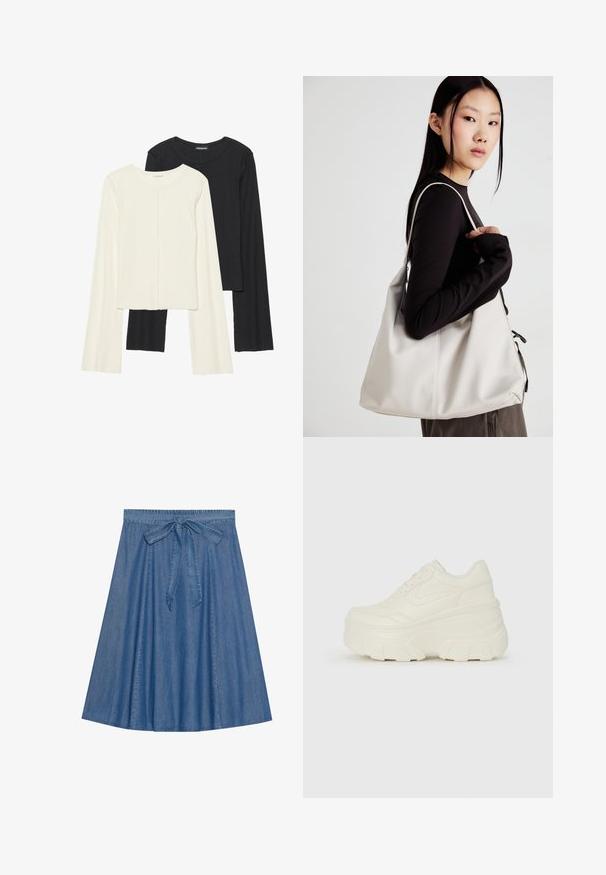 Set med två långärmade toppar i vitt och svart. Ribbade texturer, rund hals, figurnära design med något utställda ärmar.; Jeanskjol i en medelblå nyans. Har en rynkad midja med ett knytband. A-linjeformad med en slät textur och knälång design.; Vita plattformssneakers med en slät läderliknande överdel, rundad form, vadderad krage och texturerad gummisula med definierade mönster.; Beige handväska tillverkad av mjukt material, med en avslappnad design, sydda detaljer och två axelremmar. Lämplig för dagligt bruk.