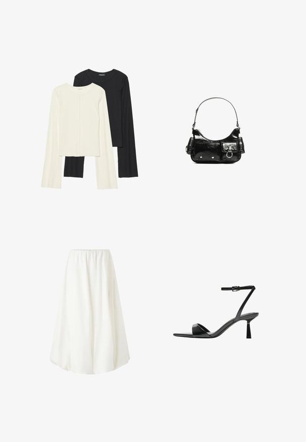 Set aus zwei Langarmoberteilen in Weiß und Schwarz. Rippstruktur, Rundhalsausschnitt, figurbetontes Design mit leicht ausgestellten Ärmeln.; Weiße, knieumspielende Rock mit elastischem Bund, der ein fließendes Design und einen leichten Stoff aufweist, der sanft fällt. Keine sichtbaren Muster.; Bershka High Heel Sandalette - black; Schwarze Lackleder-Handtasche mit geschwungenem Design, einem Schulterriemen, Vordertaschen und silberfarbenen Hardware-Akzenten.