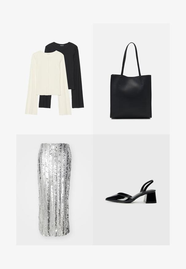 Set de două bluze cu mâneci lungi, una albă și una neagră. Textură ribbată, decolteu rotund, design ajustat cu mâneci ușor evazate.; Fustă tip creion din paiete argintii, cu dungi verticale, siluetă ajustată și o textură netedă, strălucitoare. Design elegant, potrivit pentru îmbrăcăminte formală.; Pantofi cu toc slingback din piele lacuită neagră, cu vârf ascuțit și toc geometric. Prezintă un design elegant, minimalist și o textură netedă.; Geantă tote neagră din piele, cu textură netedă, formă rectangulară și două mânere lungi. Fără hardware vizibil sau ornamente.