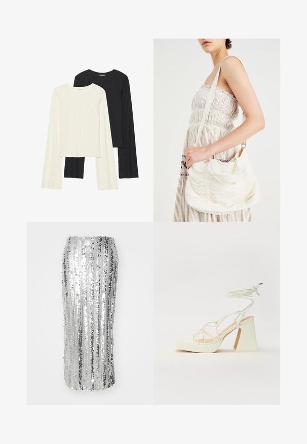 Dviejų ilgomis rankovėmis marškinėlių rinkinys, baltas ir juodas. Raukšlėta tekstūra, apvalus kaklas, prigludusi forma su šiek tiek platėjančiomis rankovėmis.; Sidabrinė pailga sijonas su blizgučiais, turinti vertikalias juosteles, prigludusi siluetas ir lygus, spindintis paviršius. Elegantiškas dizainas, tinkantis oficialiam renginiui.; Balti aukštakulniai sandalai su masyviu kulnu, su dirželių dizainu ir kulkšnies raiščiu. Lygi tekstūra su platforma priekyje, suteikianti papildomą aukštį.; Balta audinio petinė rankinė su susiraukšlėjusia tekstūra, reguliuojama ištraukiama juosta ir sidabrinėmis detalėmis. Rodyta šalia kreminės spalvos suknelės.